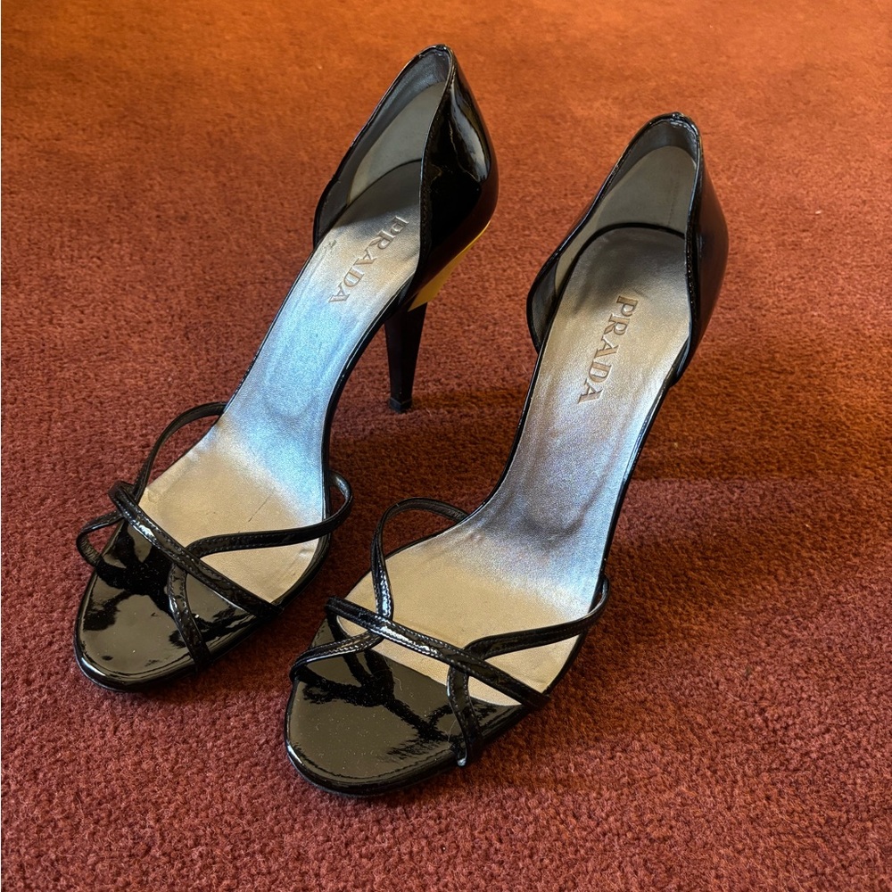Prada Black Heels with Yellow block on Heel